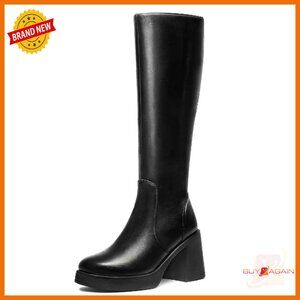 Knee High Platform Boots Wide Calf Square Toe Chunky Heel